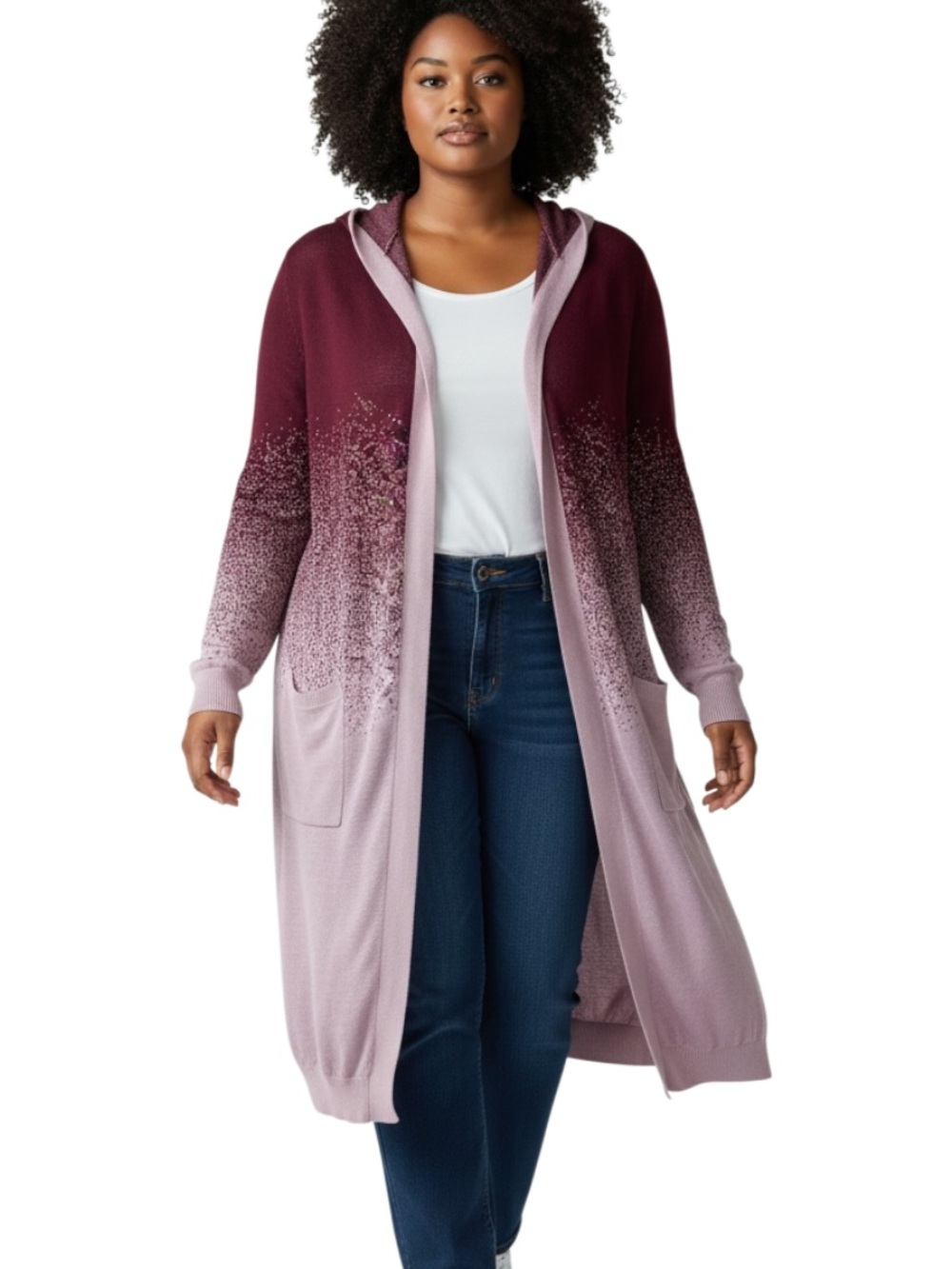 BloomChic Long Hooded Ombre Cardigan in Plum and Dusty Rose